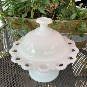 Fenton Milk Glass Lace Edge Pedestal Compote with Lid Candy Dish